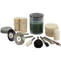Bluespot Tools 20-piece kit with brushes, buffing wheels, and polishing compound in a clear container.