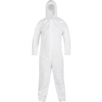 White disposable coverall with hood, long sleeves, and front zipper closure by Bluespot Tools.