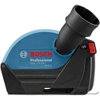 Bosch blue and black grinder dust extractor with red latch and angled nozzle attachment.