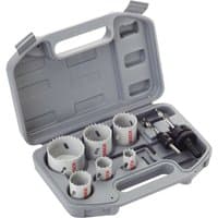Gray Bosch hole saw set in a plastic case with nine bi-metal saws ranging from 20mm to 64mm, and two arbors.