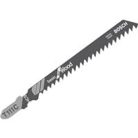 Bosch T 111 C jigsaw blade, 100mm, silver with black text, serrated edge, pack of 5, designed for wood cutting.