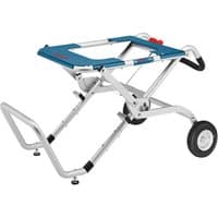 Blue and silver Bosch table saw stand with foldable legs, wheels, and a sturdy frame for portability and stability.