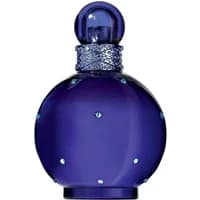 Deep blue round bottle of Britney Spears Midnight Fantasy Eau De Parfum with gem accents and ornate silver neck.