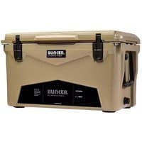 Beige BUNKER 42L cool box with black latches and handles, featuring a rugged design and BUNKER logo on the front.