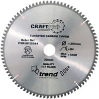 "Silver Trend CraftPro saw blade, 250mm diameter, 84 teeth, tungsten carbide tipped, with printed specifications"