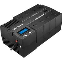 Black CyberPower BR1200ELCD UPS with LCD display, multiple outlets, and ventilation slits on the sides.