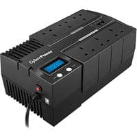 Black CyberPower BRICs LCD 1 kVA UPS with LCD screen, multiple outlets, and power cord.