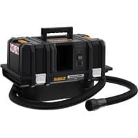 Black DeWalt dust extractor with sturdy handle, flexible hose, and control panel on the front.