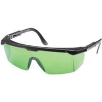 Black-framed Dewalt safety glasses with green tinted lenses and adjustable temples.