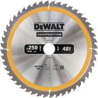 Circular saw blade by DeWalt, silver with yellow rim, 250x30mm, 48 teeth, branded "DEWALT CONSTRUCTION".