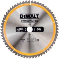 Circular saw blade by DeWalt, 305x30mm, 60 teeth, silver with yellow accents and central mounting hole.
