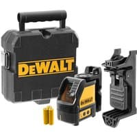Black and yellow DeWalt cross line green laser with mounting bracket, two AA batteries, and a black carrying case.