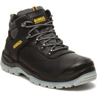 Black DEWALT Laser Safety Hiker boot with gray sole, metal eyelets, and yellow logo accents.