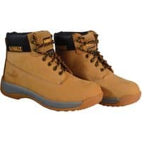 Wheat-colored nubuck hiking boots by Dewalt, UK 12, with black padded collar and sturdy rubber sole.