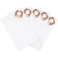 Five white fleece dust bags with brown cardboard collars, designed for Dewalt vacuums.