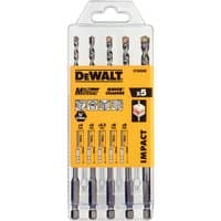 Dewalt 5-piece masonry drill bit set with silver and black bits in a transparent plastic case, yellow branding label.