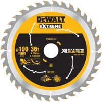 Dewalt 190mm circular saw blade, 36 teeth, silver with yellow and black center, labeled for extreme runtime.