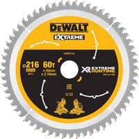 Circular saw blade, silver with yellow center, DeWalt branding, 216mm diameter, 60 teeth, 30mm arbor.