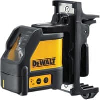 Yellow and black DeWalt self-levelling line laser with two-way projection and sturdy mounting bracket.