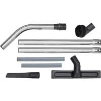 Dewalt DWV9350XJ flooring cleaning kit with silver metal tubes, black nozzle, and floor brush attachment.