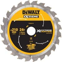 DeWalt XR FlexVolt table saw blade, 210x30mm, 24 teeth, yellow center with black and silver details.