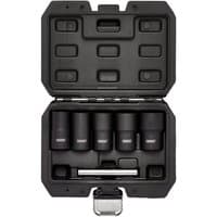 Draper 6-piece impact wheel nut socket set in black case with foam inserts, featuring six black sockets and a silver extension bar.
