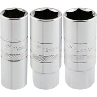 Draper 1/2'' square drive spark plug sockets, chrome finish, knurled grip, set of three.