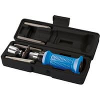 Black case with blue-handled impact screwdriver, multiple bits, and sockets, part of a 10-piece Draper set.