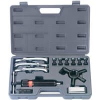 Draper 10 Tonne Hydraulic Puller Kit in a gray case with various metal attachments and a black hydraulic cylinder.