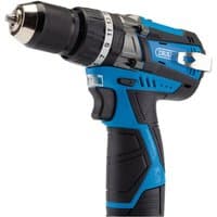 "Draper 12V brushless combi drill in blue and black with silver chuck and adjustable torque settings"