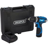 Draper blue and black 12V combi drill with 1.5Ah battery, fast charger, and black carrying case.