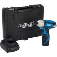 Draper blue and black 12V impact driver with 1.5Ah battery, fast charger, and black carrying case.