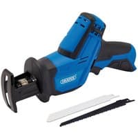 Blue Draper 12V reciprocating saw with black grip, exposed blade slot, and two interchangeable saw blades.