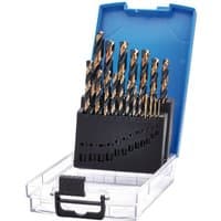 19-piece titanium drill bit set in black holder, housed in a clear plastic case with a blue lid.