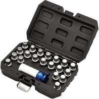 Black plastic case with 21-piece BMW locking wheel socket set, silver sockets, blue and white protective sleeve.
