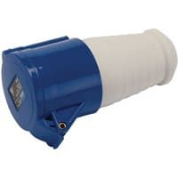 Blue and white Draper 230V Site Socket 32A with cylindrical design and protective cap.