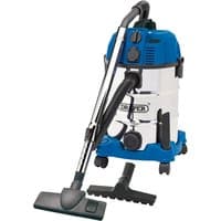 Blue and silver Draper wet and dry vacuum cleaner with stainless steel tank, power socket, and black hose attachments.