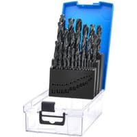 Draper 25 Piece Black HSS Drill Bit Set in a transparent case with a blue lid, organized in a black holder.