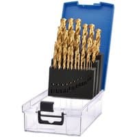 25-piece titanium nitride coated drill bit set in a clear plastic case with blue lid and black holder.
