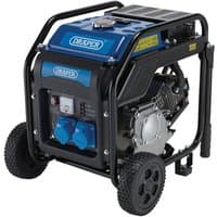 Black and blue Draper 3800W petrol inverter generator with open frame, control panel, and two wheels for mobility.