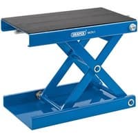 Blue Draper motorcycle scissor stand with black pad and 450Kg capacity, featuring a sturdy X-frame design.