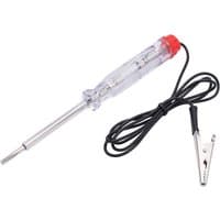 Clear plastic-handled Draper circuit tester screwdriver with metal probe, red cap, and black wire with alligator clip.