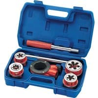 Blue Draper 7 Piece Metric Ratchet Pipe Threading Kit with red handles and dies in a sturdy plastic case.