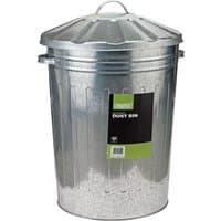 Galvanised Draper 85L dust bin with ribbed body, domed lid, side handles, and a green label on the front.