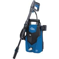 Blue and black Draper Storm Force pressure washer with hose, spray gun, and ergonomic handle.