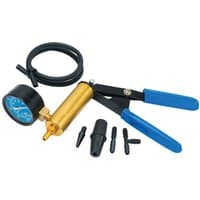 Draper CTEVG3 6 Piece Vacuum Pump Kit with blue-handled pump, gauge, black hose, and connectors.