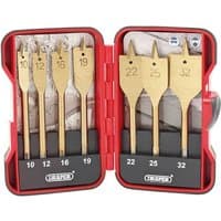 Draper 7-piece titanium nitride coated flat wood bit set in red case, sizes 10-32mm, with clear size markings.