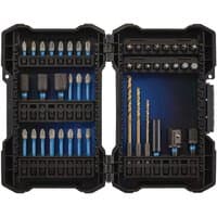 Draper Expert 44 piece impact screwdriver bit set in black case with blue accents, includes various bits and drill heads.