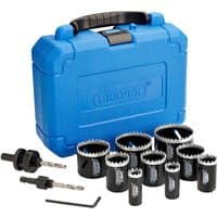 Blue Draper Expert case with 12 black cobalt hole saws, two arbors, and hex key.