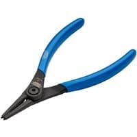 Blue-handled Draper Expert 140mm straight tip external circlip pliers with black metal jaws.
